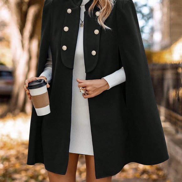 Black Casual Womens Cloak Sleeve Double Breasted Cape Overcoat - Picture 3 of 5